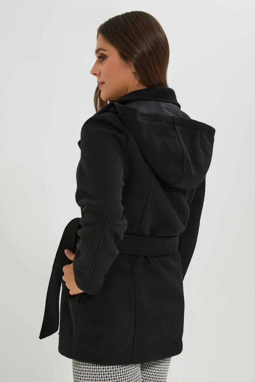 Women Black Hooded Belted Coat