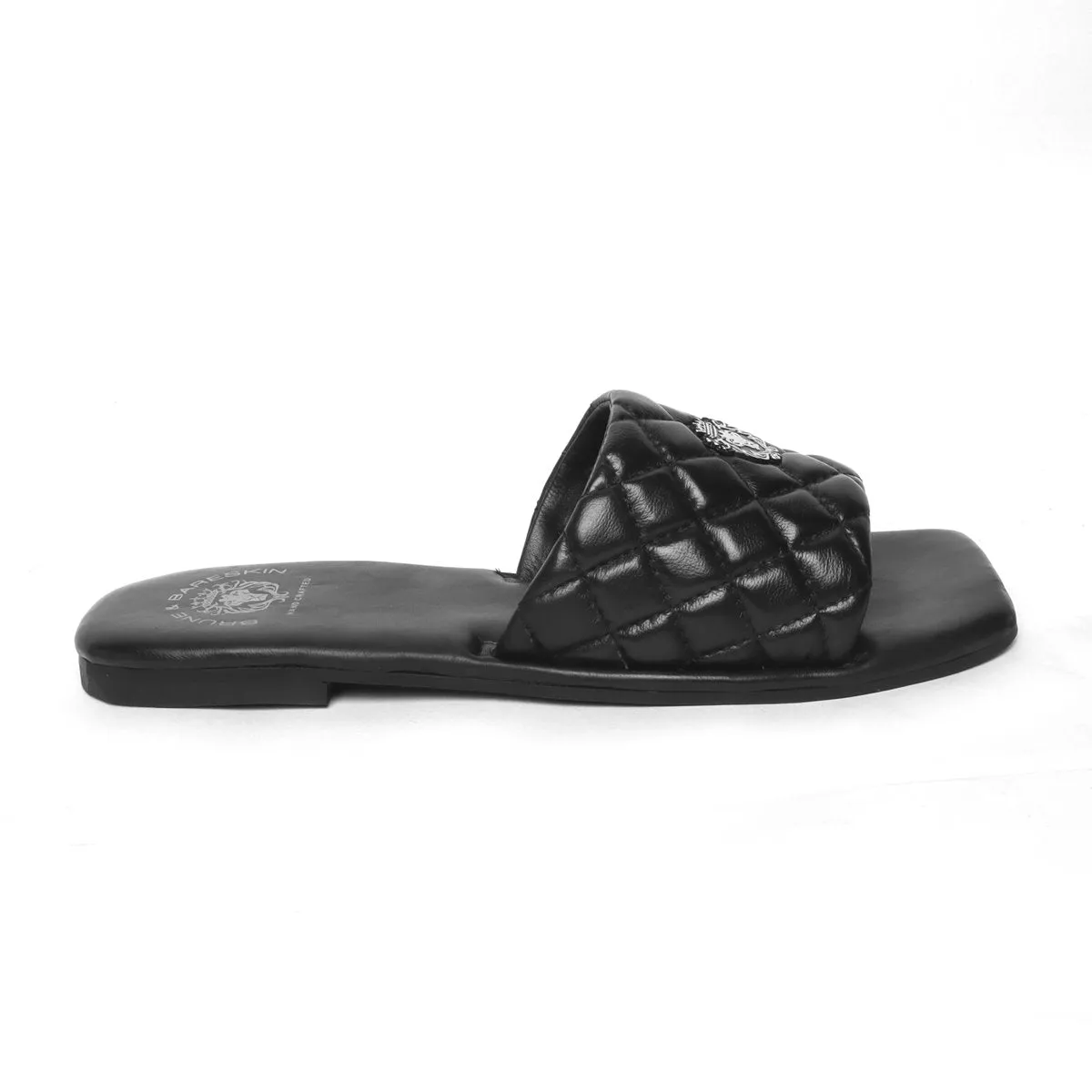 Women's Black Leather Squired Toe Quilted Strap Comfy Slide-in Slippers By Brune & Bareskin