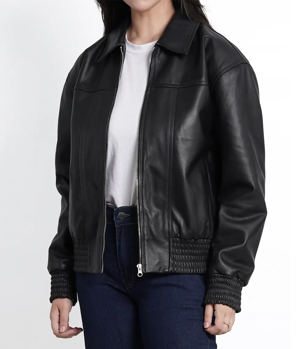 Womens Classic Black Oversized Bomber Leather Jacket