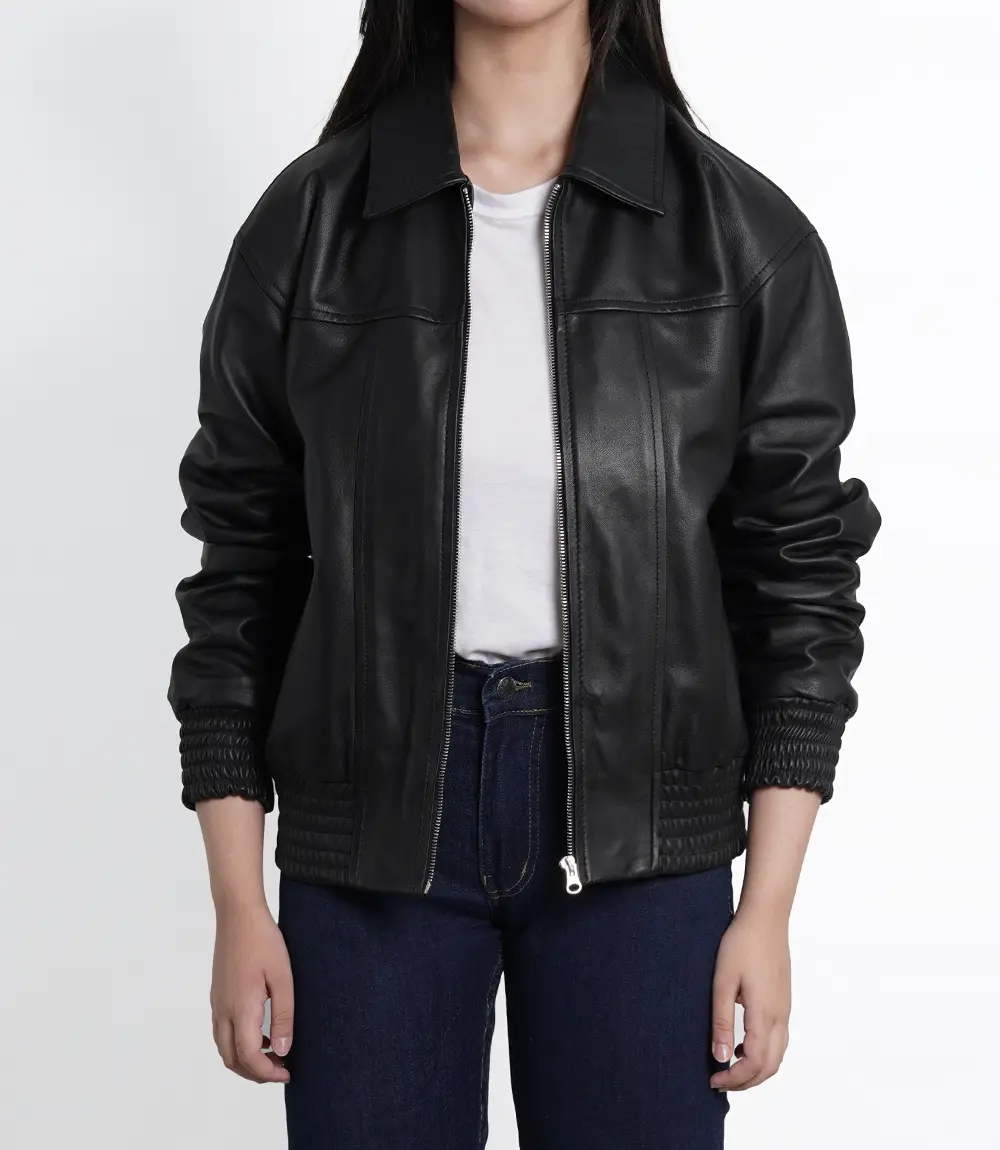 Womens Classic Black Oversized Bomber Leather Jacket