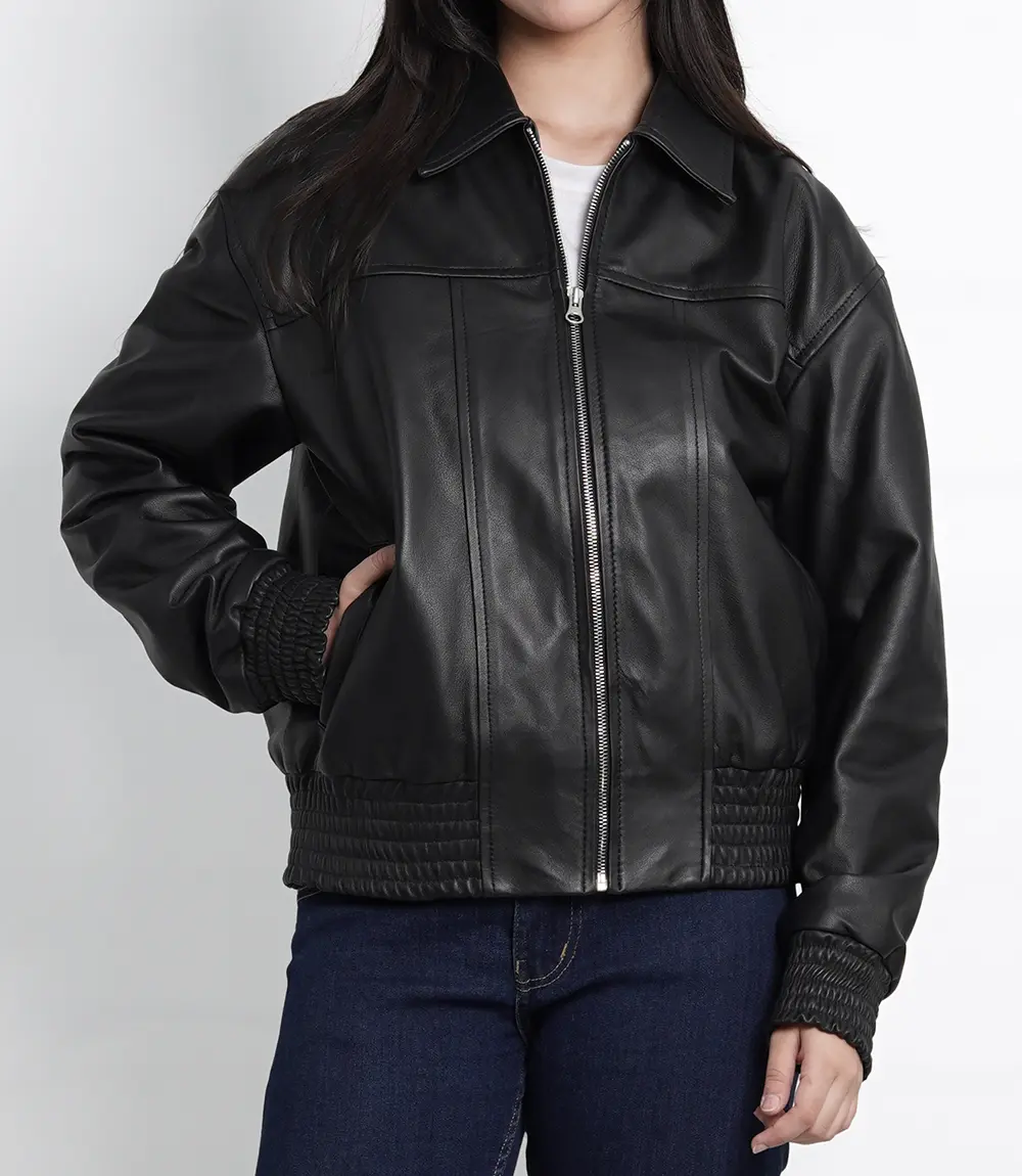 Womens Classic Black Oversized Bomber Leather Jacket