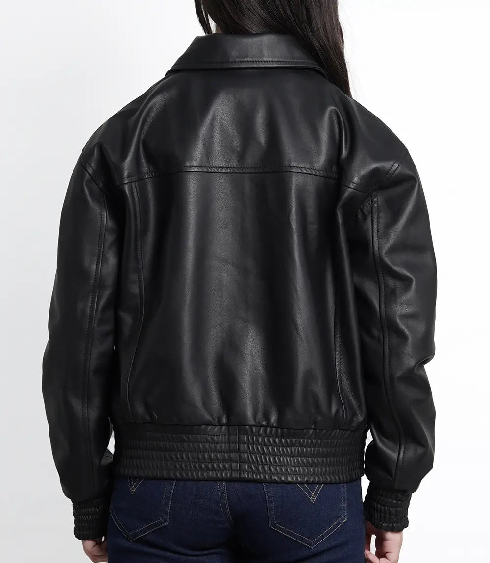 Womens Classic Black Oversized Bomber Leather Jacket