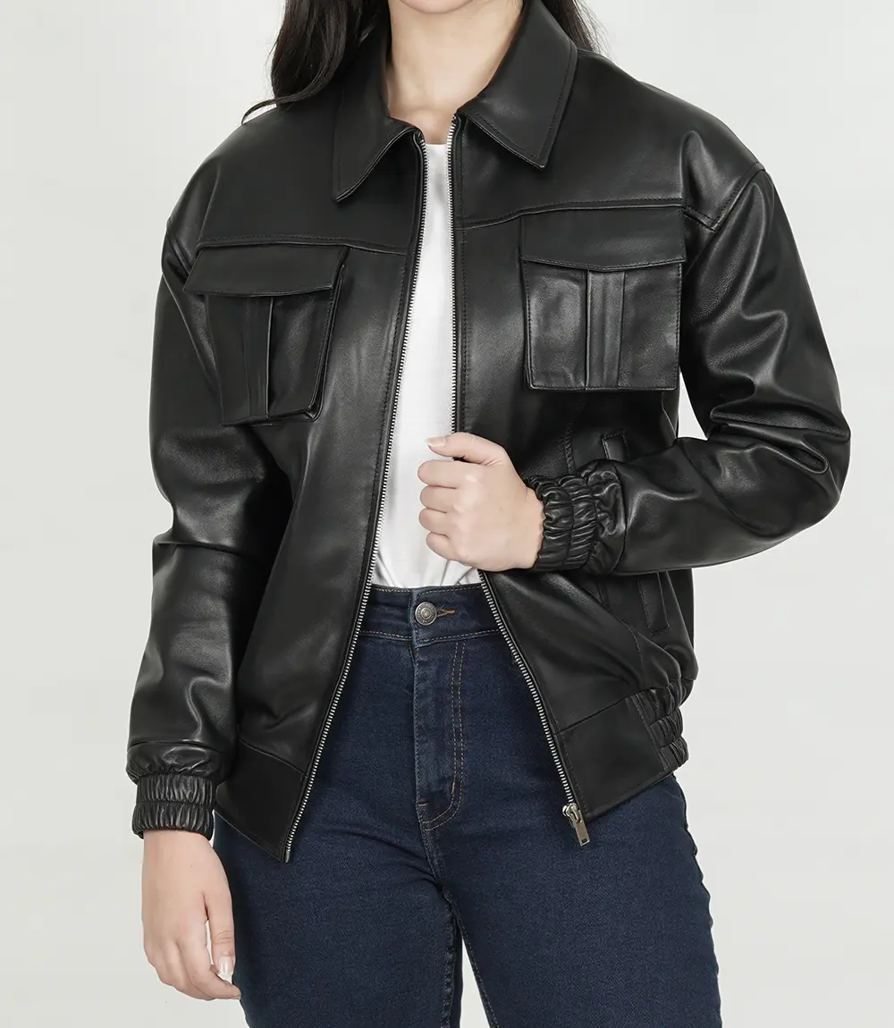 Womens Classic Shirt Collar Oversized Black Bomber Leather Jacket