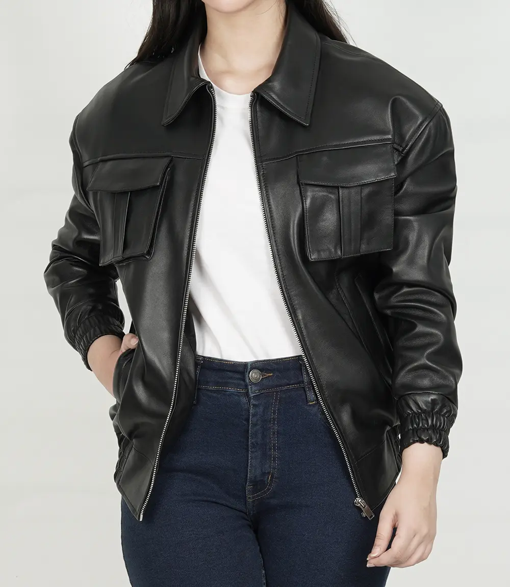 Womens Classic Shirt Collar Oversized Black Bomber Leather Jacket