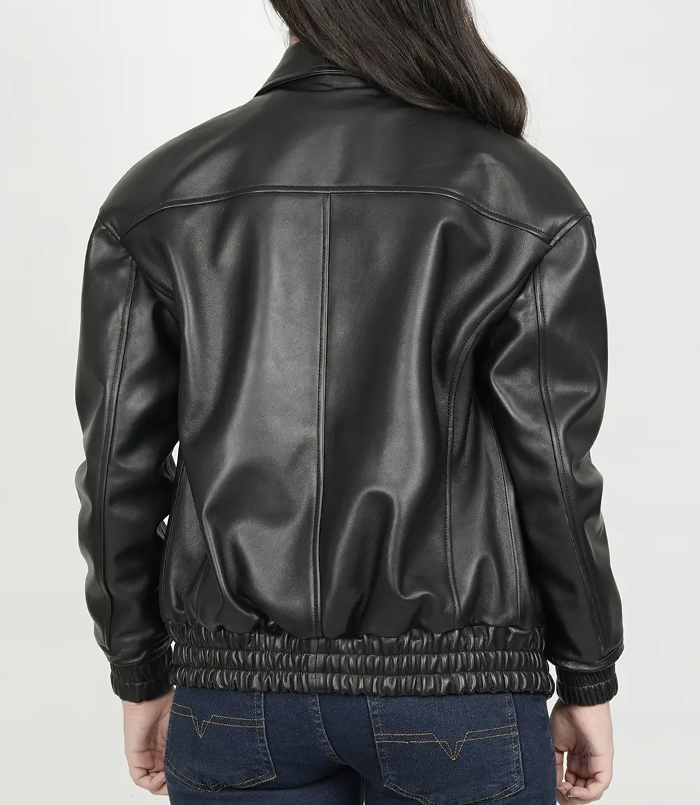 Womens Classic Shirt Collar Oversized Black Bomber Leather Jacket