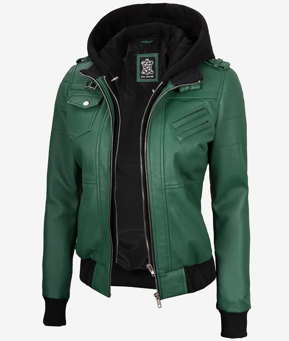 Womens Green Hooded Bomber Leather Jacket