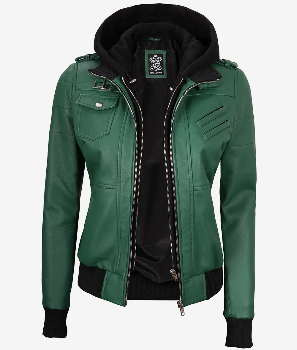 Womens Green Hooded Bomber Leather Jacket