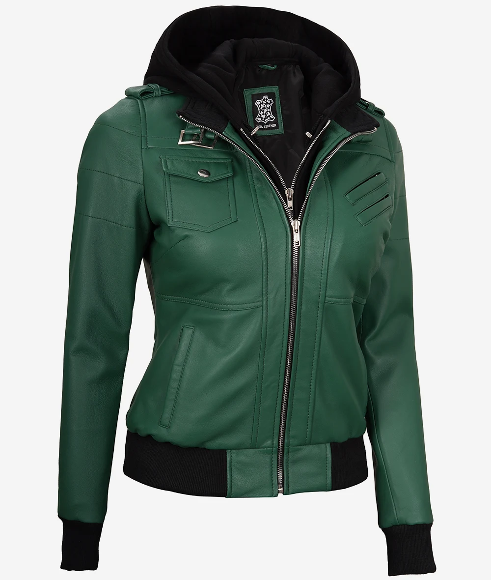 Womens Green Hooded Bomber Leather Jacket