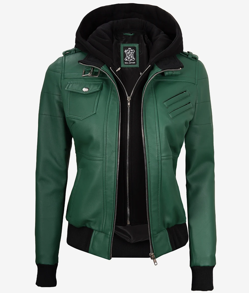 Womens Green Hooded Bomber Leather Jacket