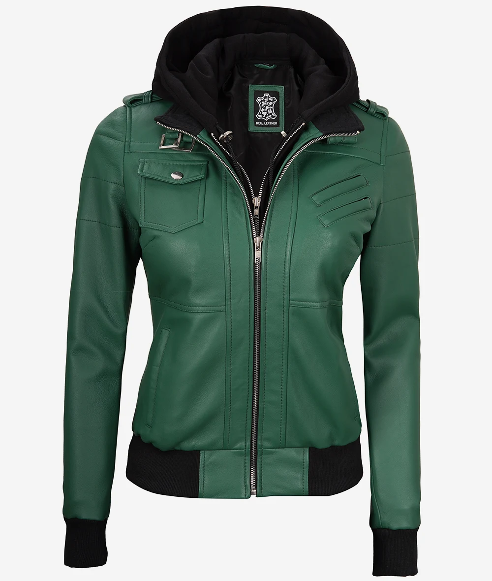 Womens Green Hooded Bomber Leather Jacket