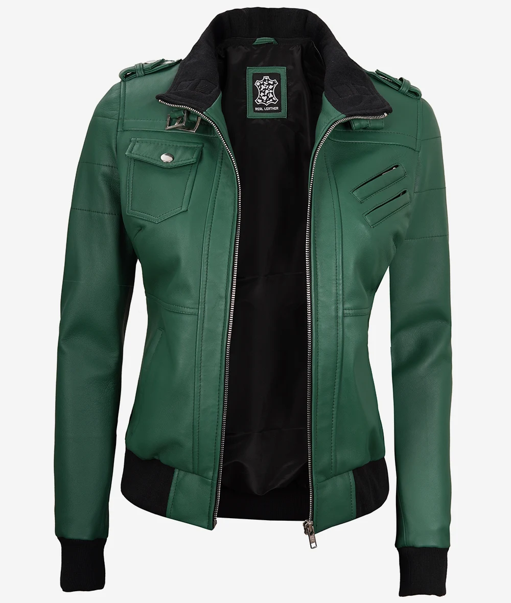 Womens Green Hooded Bomber Leather Jacket