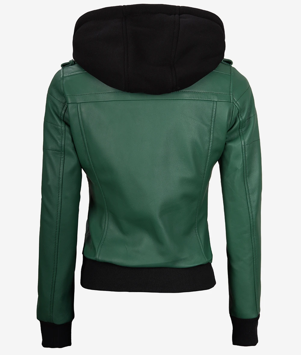 Womens Green Hooded Bomber Leather Jacket