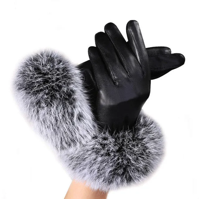 Women'S Leather Gloves Super Warmer Winter Gloves Elegant Lady Black Leather Soft Rabbit Fur Luvas Femininas#B920 SM6