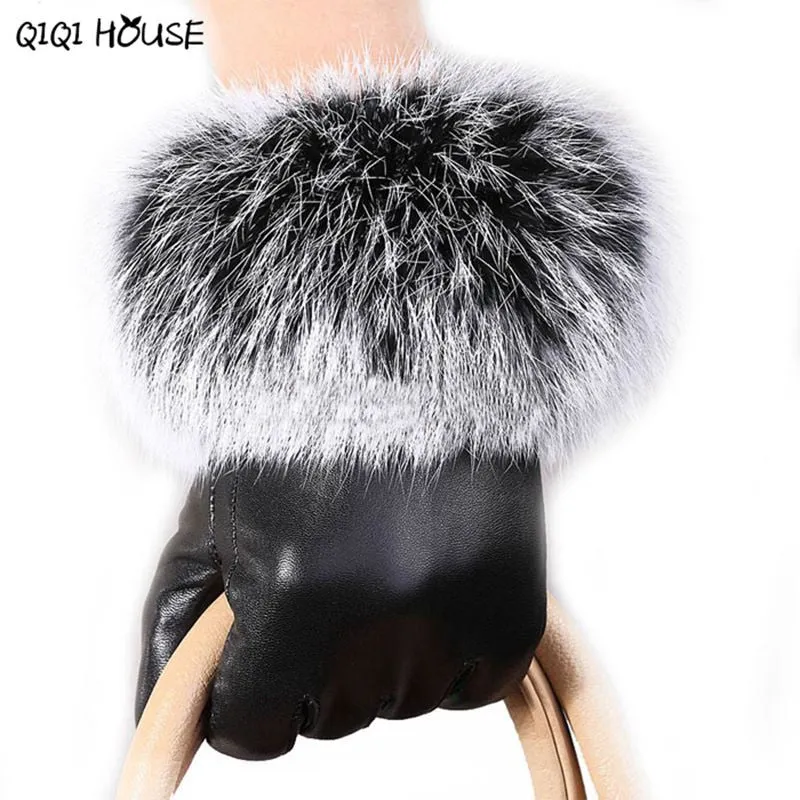 Women'S Leather Gloves Super Warmer Winter Gloves Elegant Lady Black Leather Soft Rabbit Fur Luvas Femininas#B920 SM6