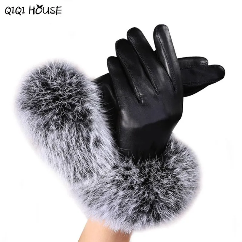 Women'S Leather Gloves Super Warmer Winter Gloves Elegant Lady Black Leather Soft Rabbit Fur Luvas Femininas#B920 SM6