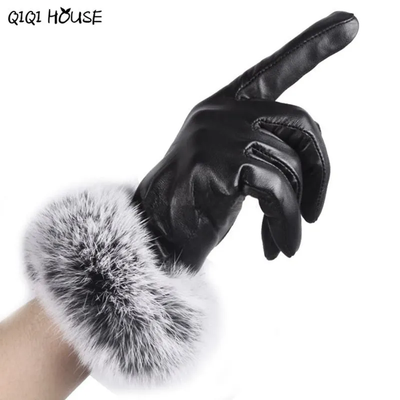 Women'S Leather Gloves Super Warmer Winter Gloves Elegant Lady Black Leather Soft Rabbit Fur Luvas Femininas#B920 SM6