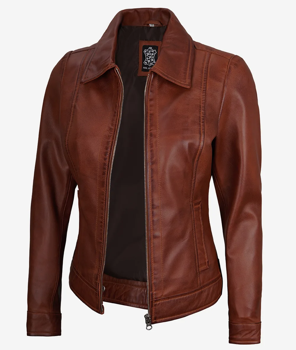 Womens Shirt Collar Cognac Leather Jacket