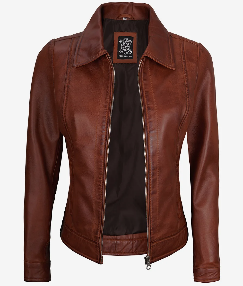 Womens Shirt Collar Cognac Leather Jacket