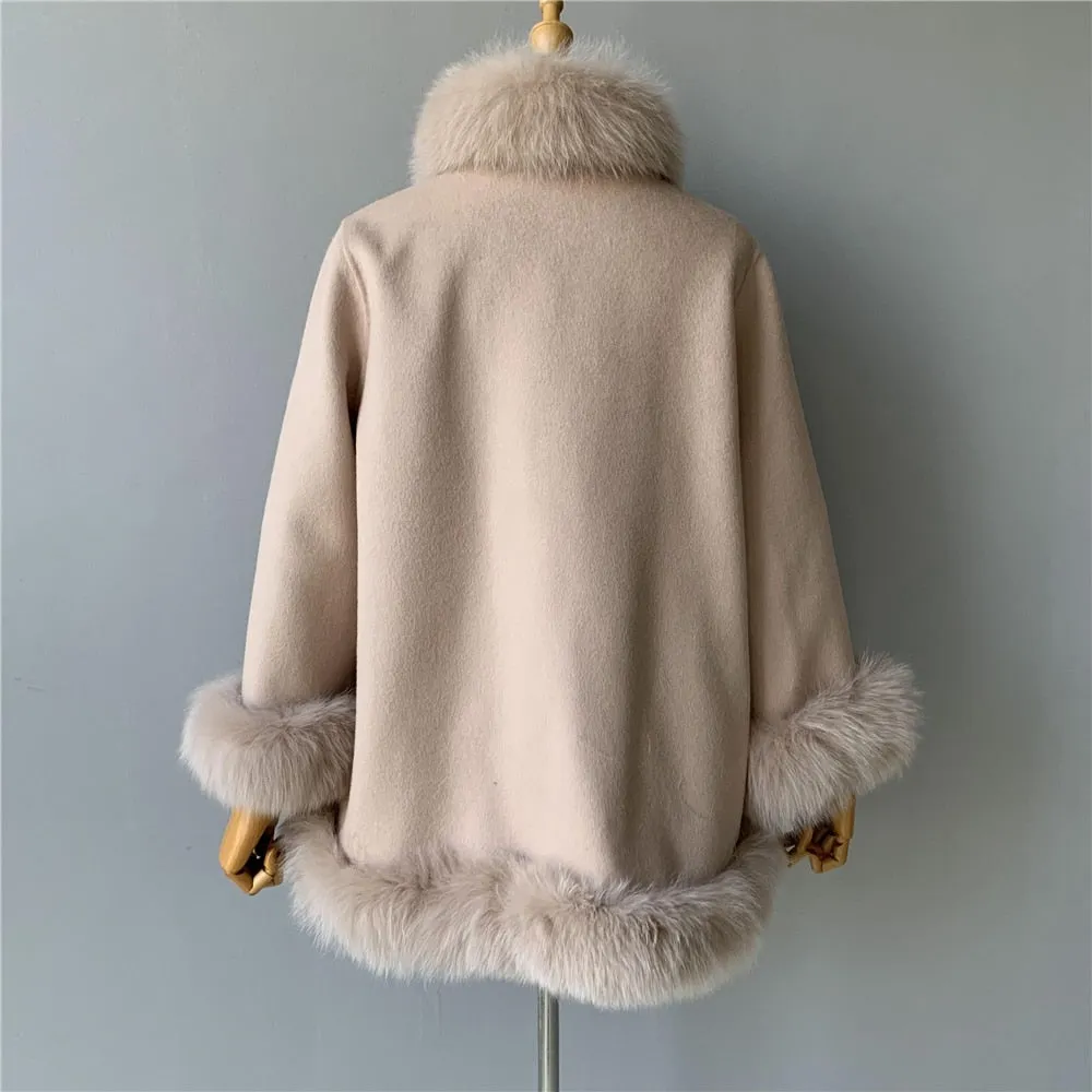 Women's wool coat with natural fur collar