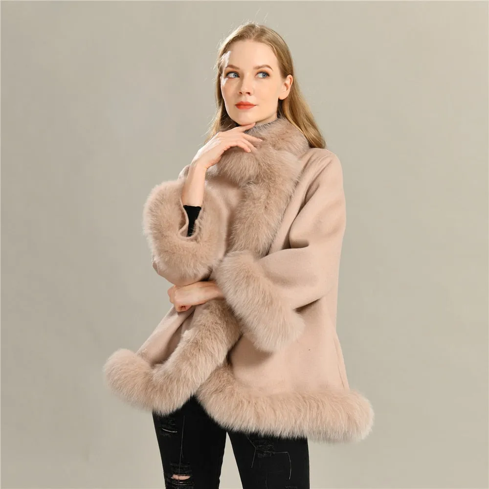 Women's wool coat with natural fur collar