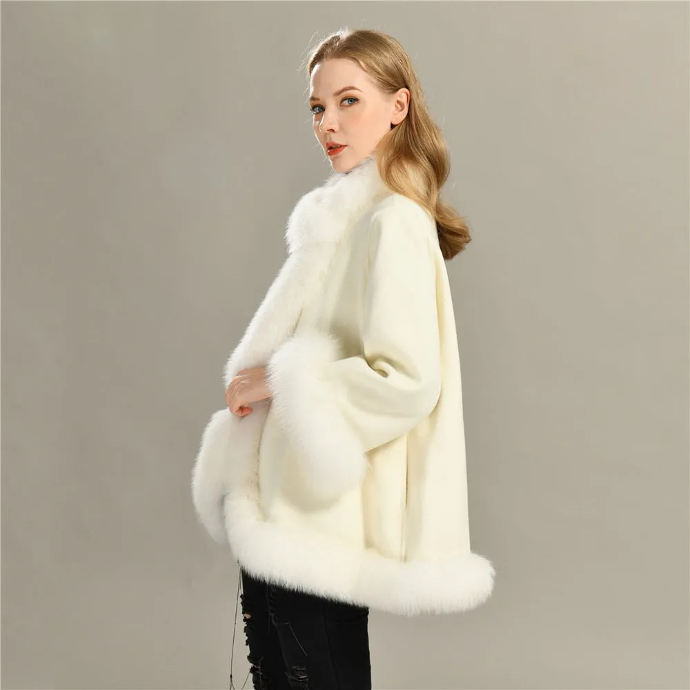 Women's wool coat with natural fur collar