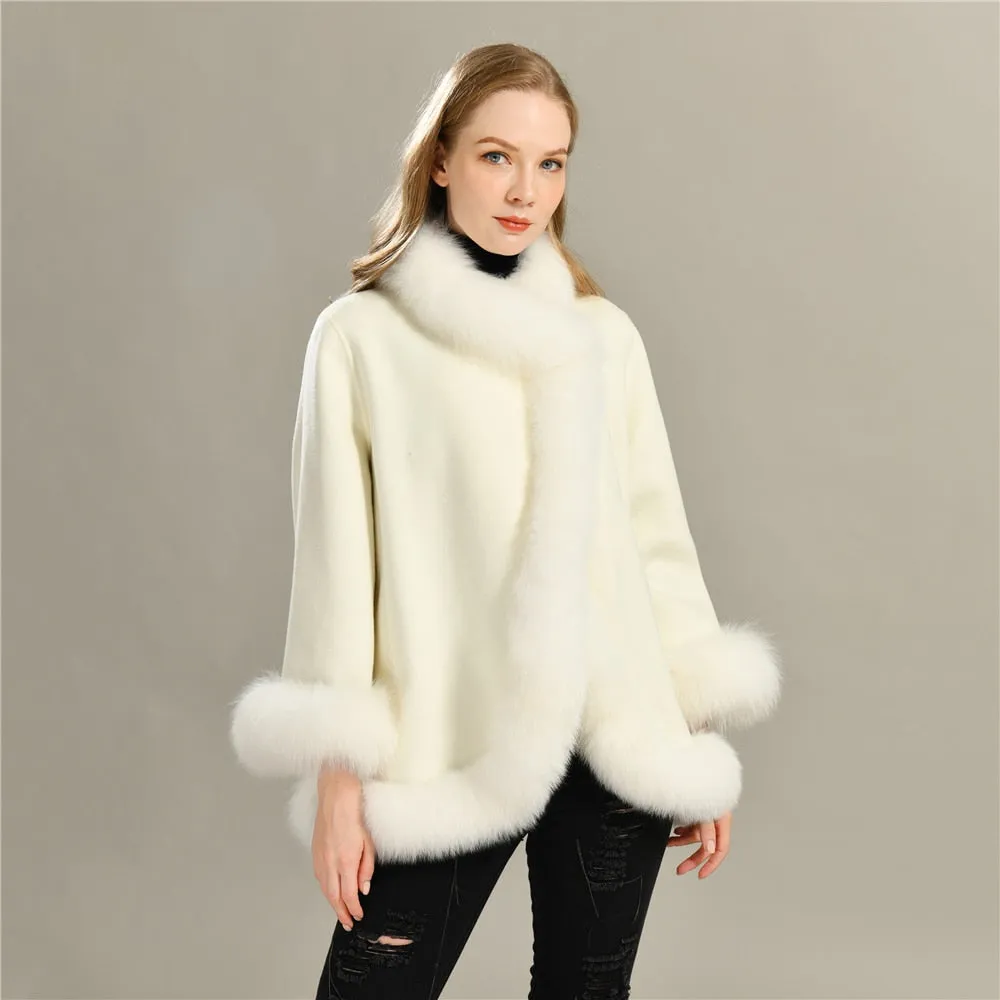 Women's wool coat with natural fur collar