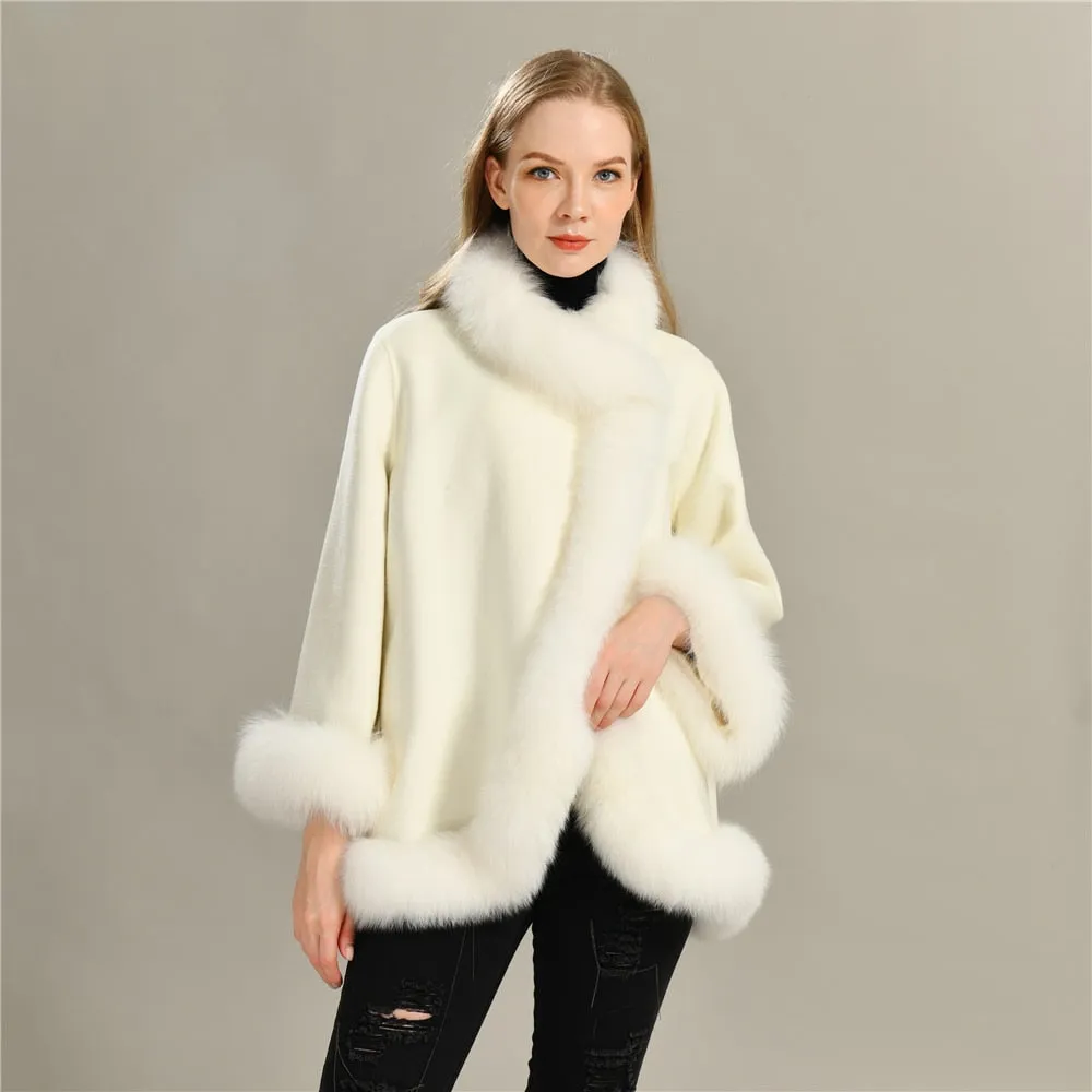 Women's wool coat with natural fur collar