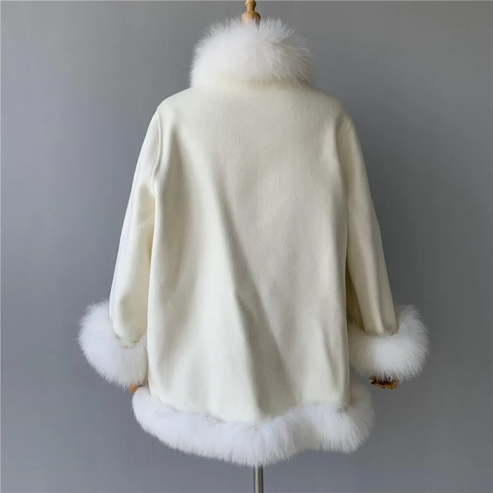 Women's wool coat with natural fur collar