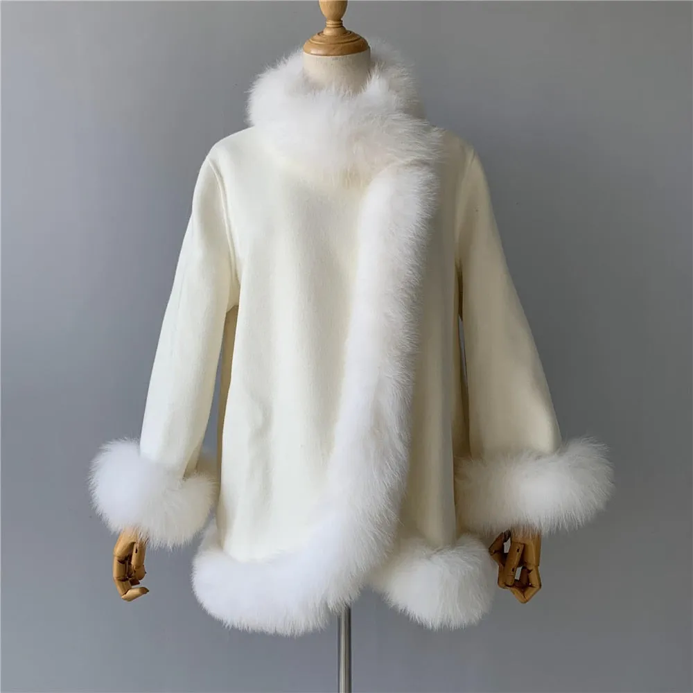 Women's wool coat with natural fur collar