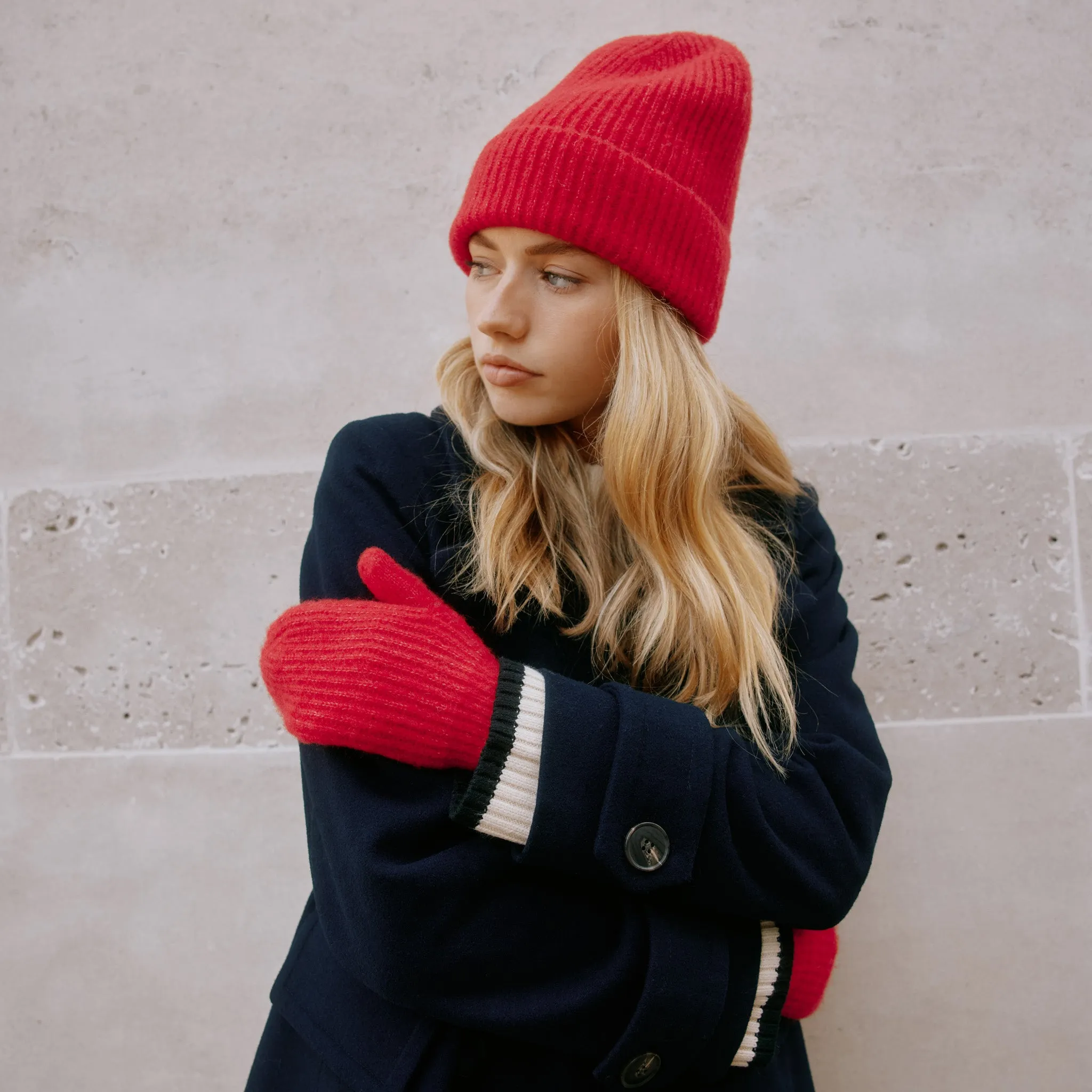 Wool Blend Red Knitted Mittens